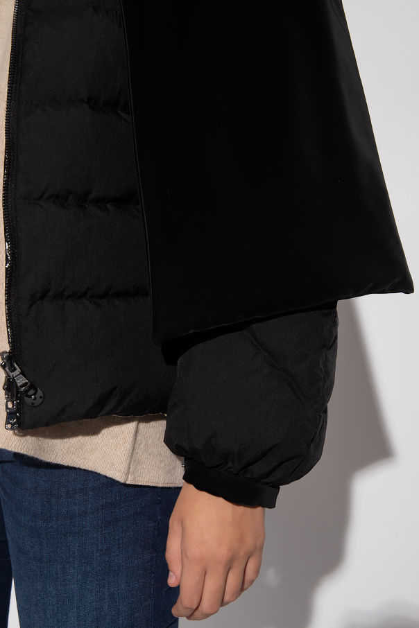 minidon20！EMPORIO ARMANI 袖ファー ジャケット Zipped, hooded sleeveless down jacket in jacquard nylon with